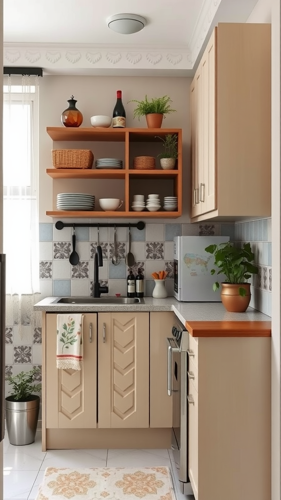 A modern small kitchen showcasing efficient space utilization with laminated cabinets and open shelving.