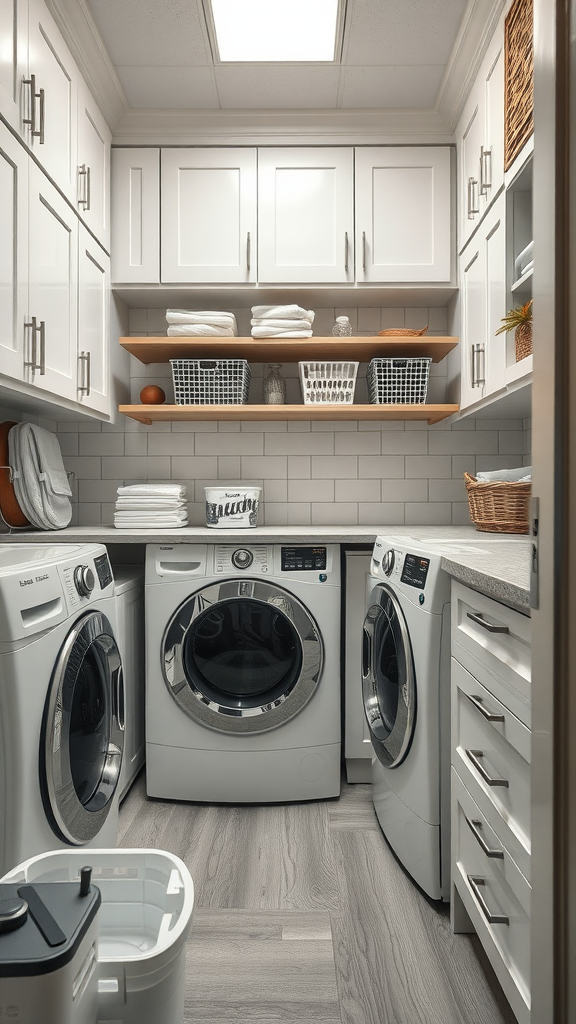 A modern laundry room with white cabinets, shelves, and two washing machines.