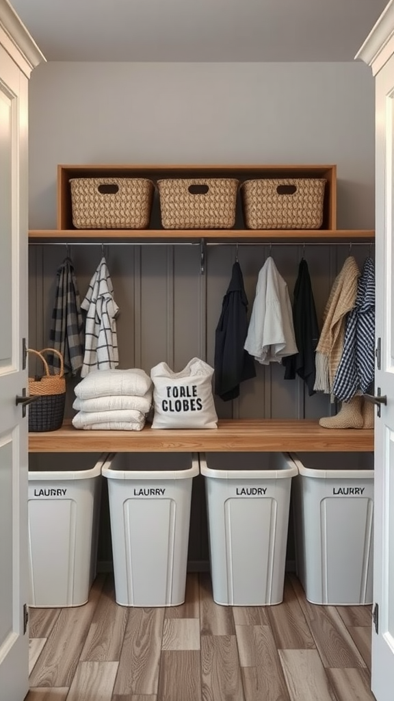 A cozy mudroom laundry room with sorting bins and shelves