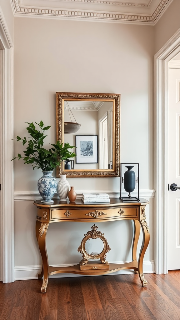 Elegant console table with decorative items and a mirror in an entryway