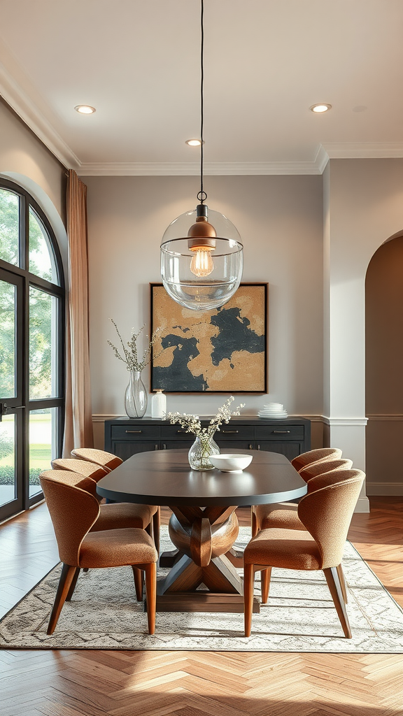 A modern dining area with a clear globe light fixture, stylish chairs, and a wooden table.