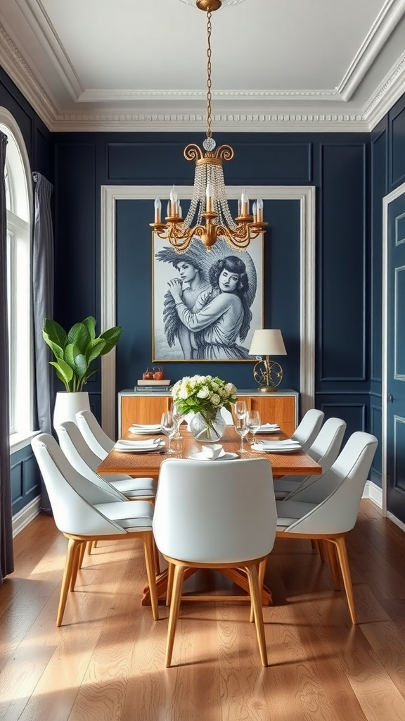 A dining room featuring navy blue walls with a wooden dining table and modern chairs.