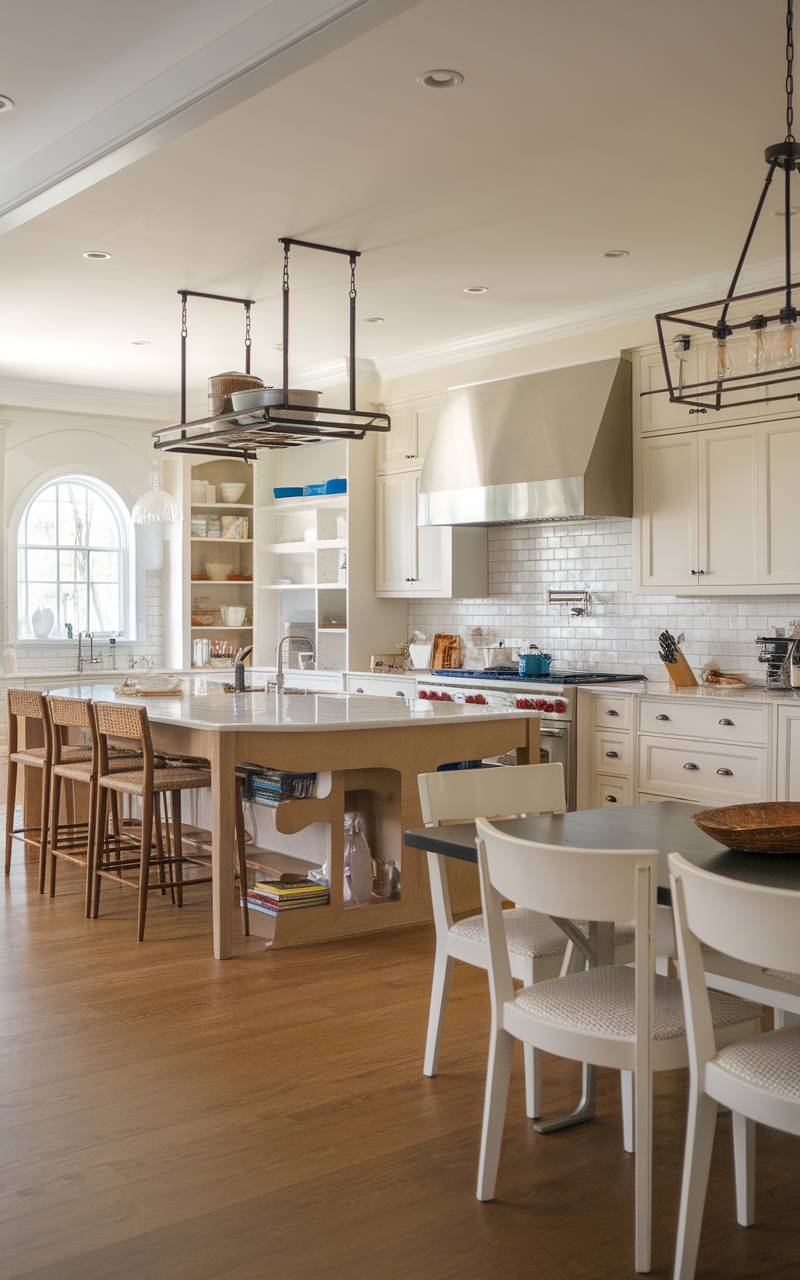 Open concept kitchen with green cabinets, white design, and a spacious layout.