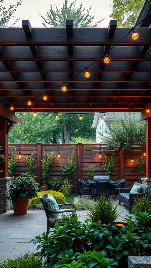 A cozy outdoor space featuring a pergola with string lights and lush greenery.