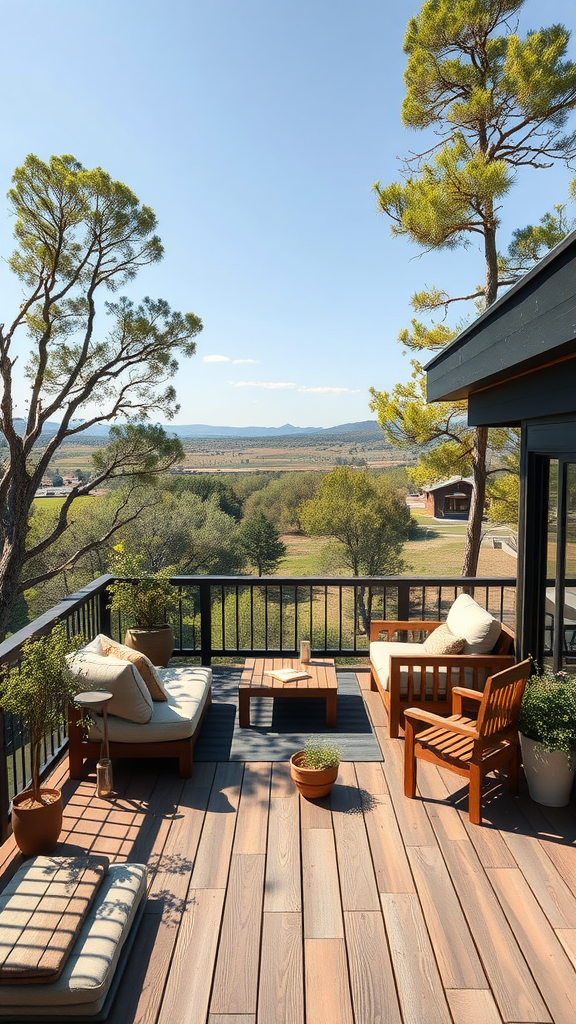 A beautifully designed elevated deck with seating and plants, overlooking a scenic landscape.