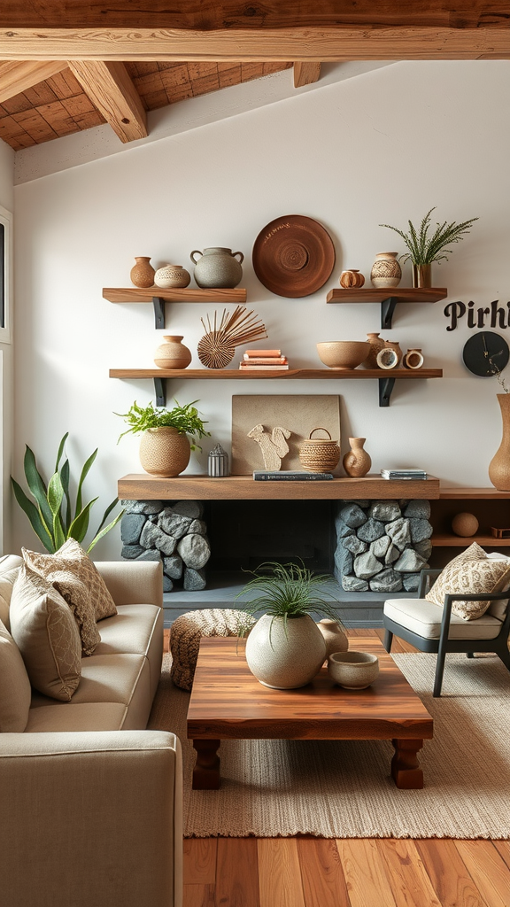 A cozy living room showcasing Wabi Sabi design with natural decor elements.