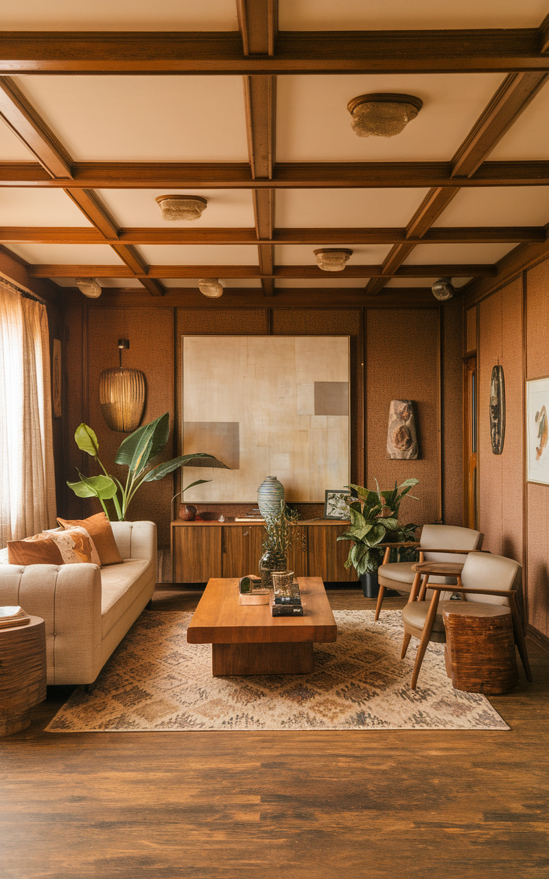 A cozy living room featuring exposed wooden beams, plants, and retro decor.