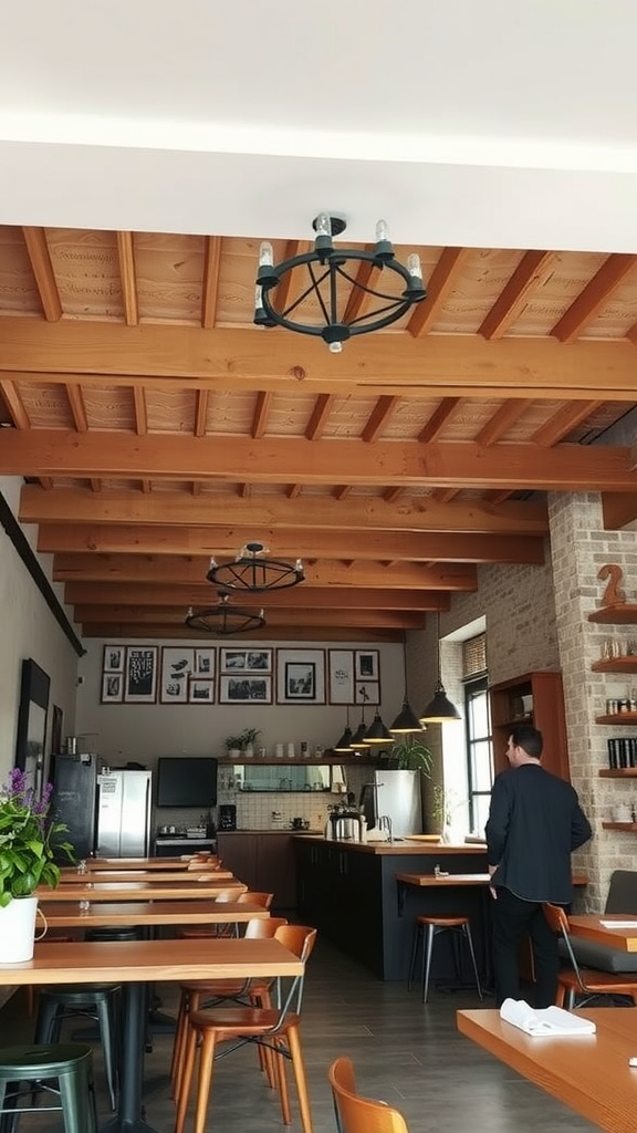 A small coffee shop interior featuring exposed wooden beams and a modern decor.