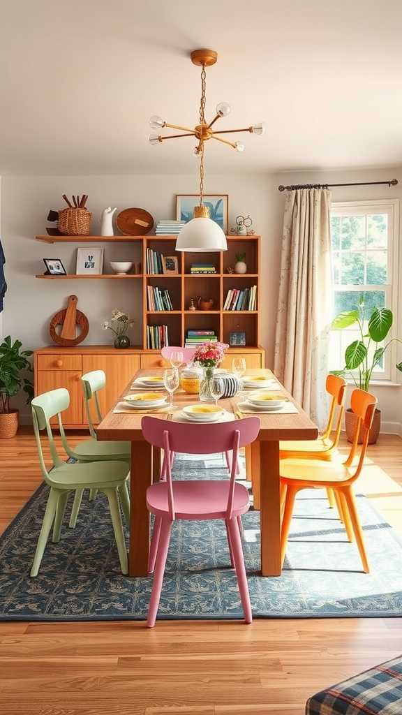 A bright and cheerful dining room featuring a large wooden table with colorful chairs.