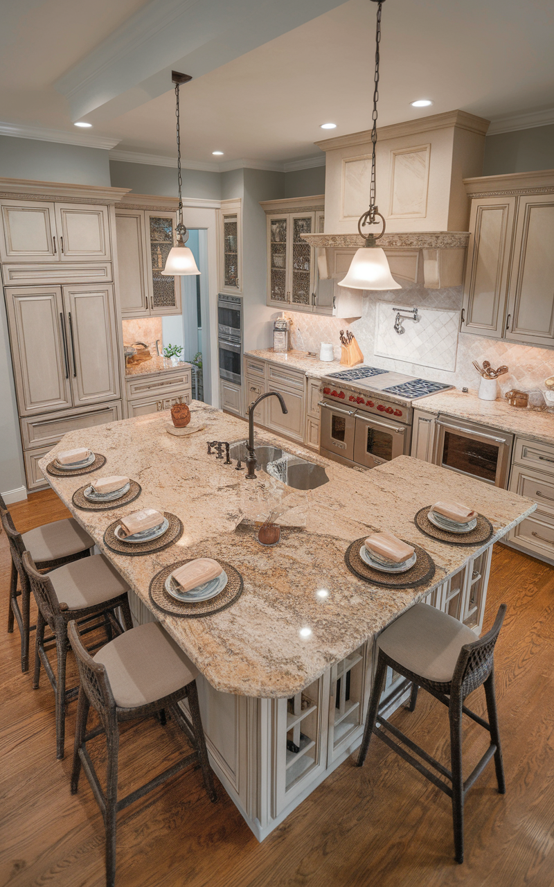 A spacious and elegant kitchen featuring green cabinets, a large island, and ample storage space.