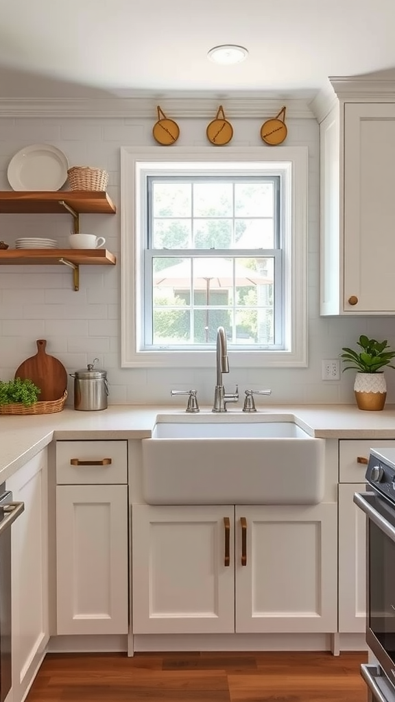 A modern kitchen featuring a farmhouse sink, white cabinets, and wooden accents.