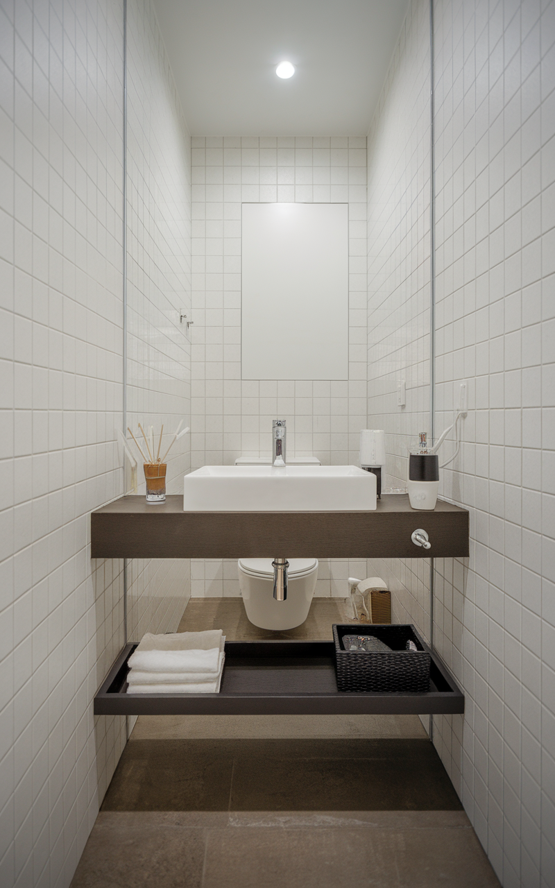 A modern floating vanity in a small bathroom with white tiles and a sleek faucet, emphasizing space efficiency.