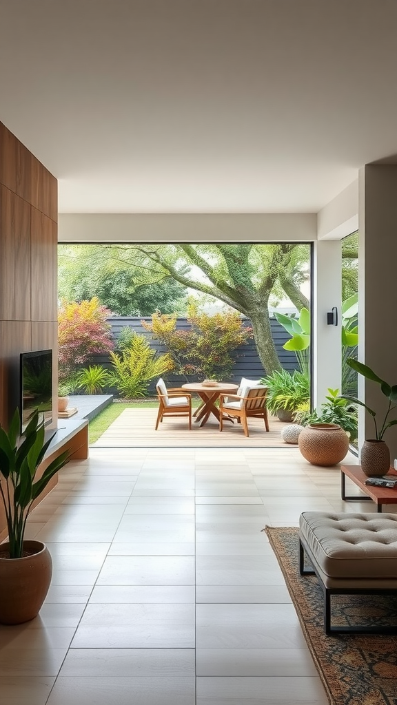 A modern living space with large windows opening to a lush outdoor area.