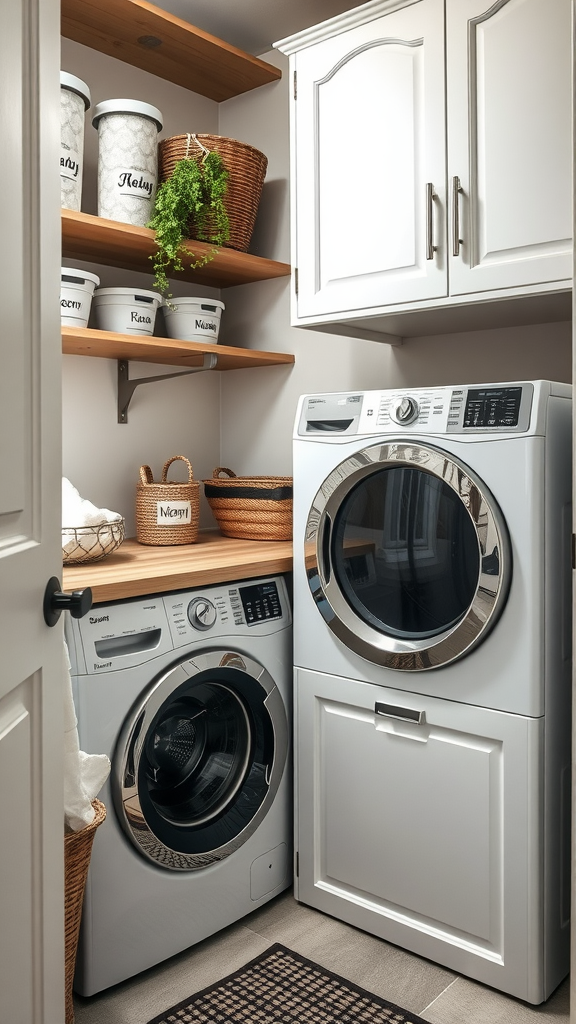 A well-organized small laundry room with labeled baskets and clean aesthetic.