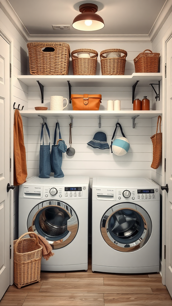 A cozy mudroom laundry room combo featuring white washing machines, organized shelves with baskets, and hooks for storage.