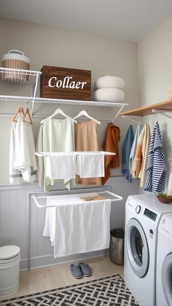 Functional drying racks in a laundry/mud room combo with clothes hanging to dry.