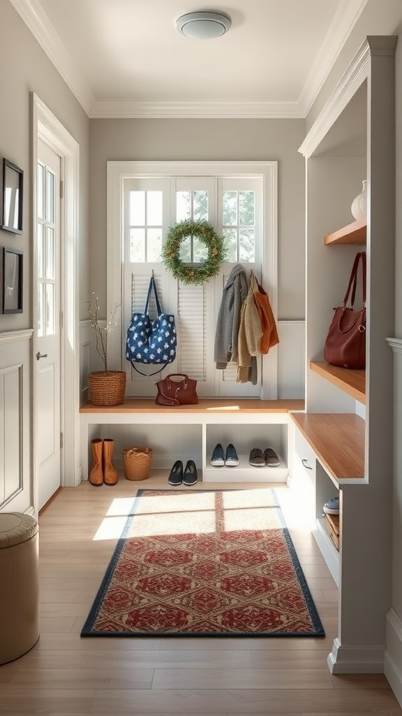 A cozy entryway featuring built-in benches, storage for shoes and bags, and a decorative rug.