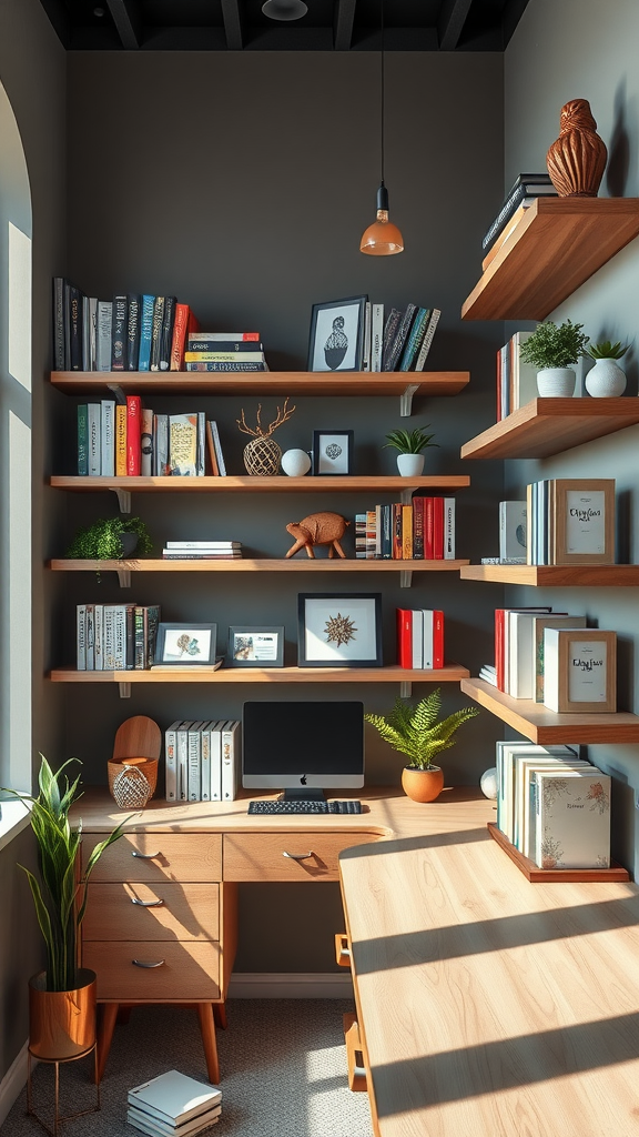 A small home office with functional floating shelves filled with books and decor, featuring a desk and computer.