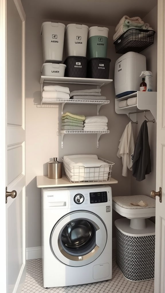 Small laundry room with shelves, baskets, and a folding station