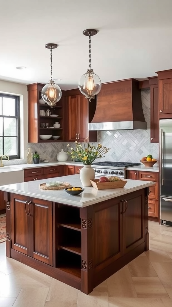 A beautifully designed kitchen featuring a wooden island with marble countertops and glass cabinetry.