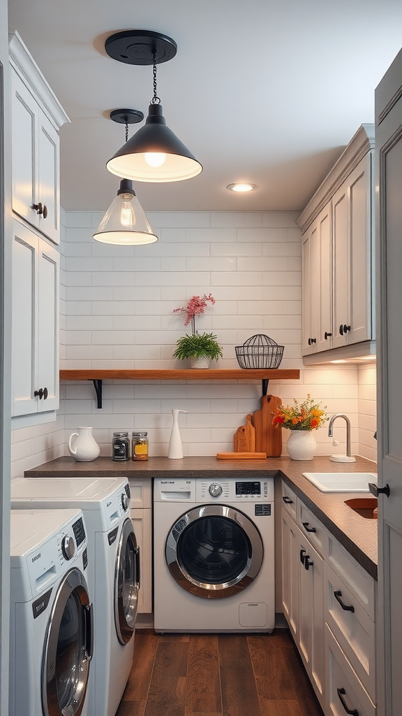 A well-lit small laundry room with modern fixtures and a clean aesthetic.