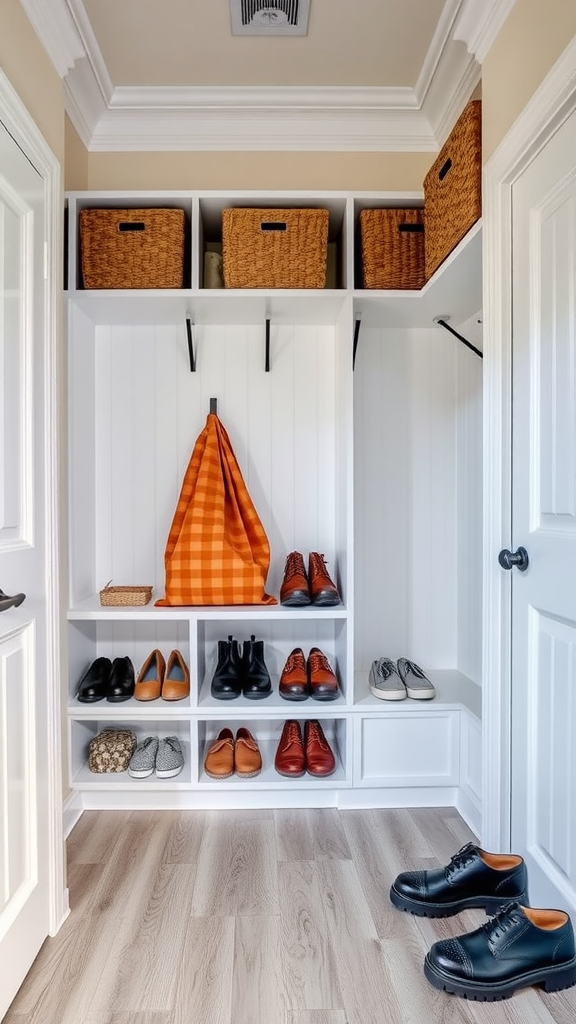 A well-organized mudroom featuring shelves, shoes, and storage baskets.