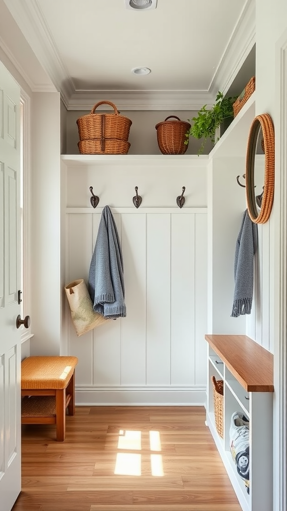 A functional mudroom featuring wooden flooring, a bench, and storage baskets.