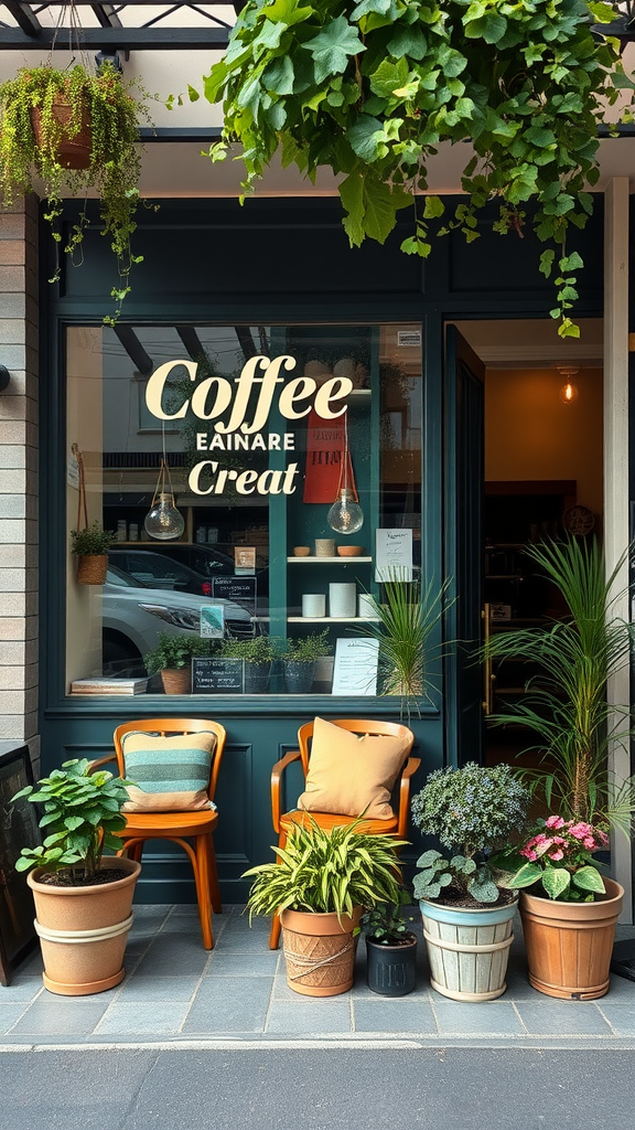 Outdoor seating area with plants and chairs outside a coffee shop