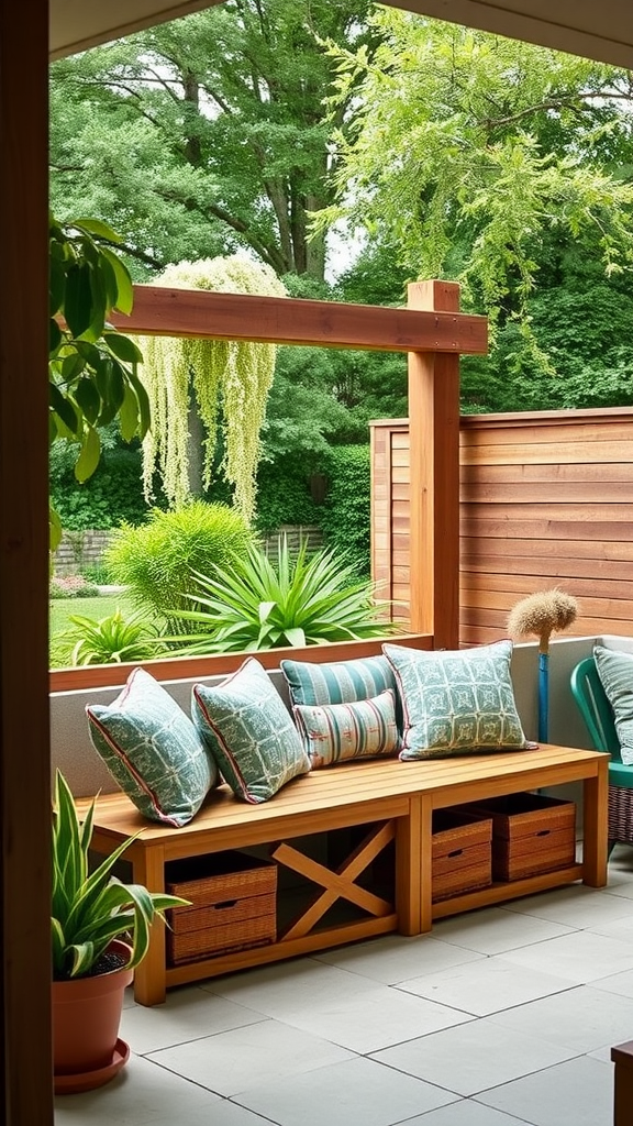 A cozy outdoor seating area with a wooden bench featuring pillows and storage baskets, surrounded by greenery.