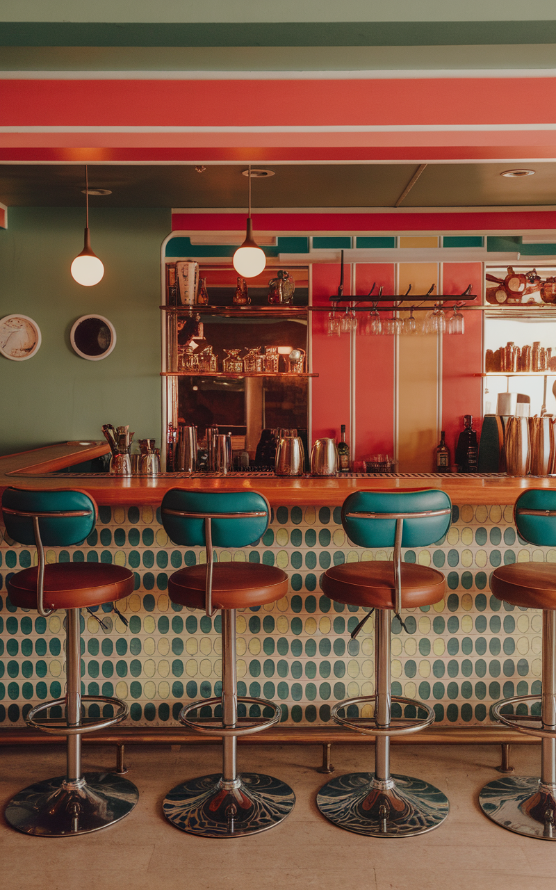 A colorful retro bar area with stylish stools and a vibrant design.