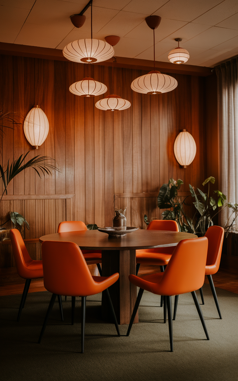 A dining area featuring retro lighting fixtures, orange chairs, and wooden paneling.