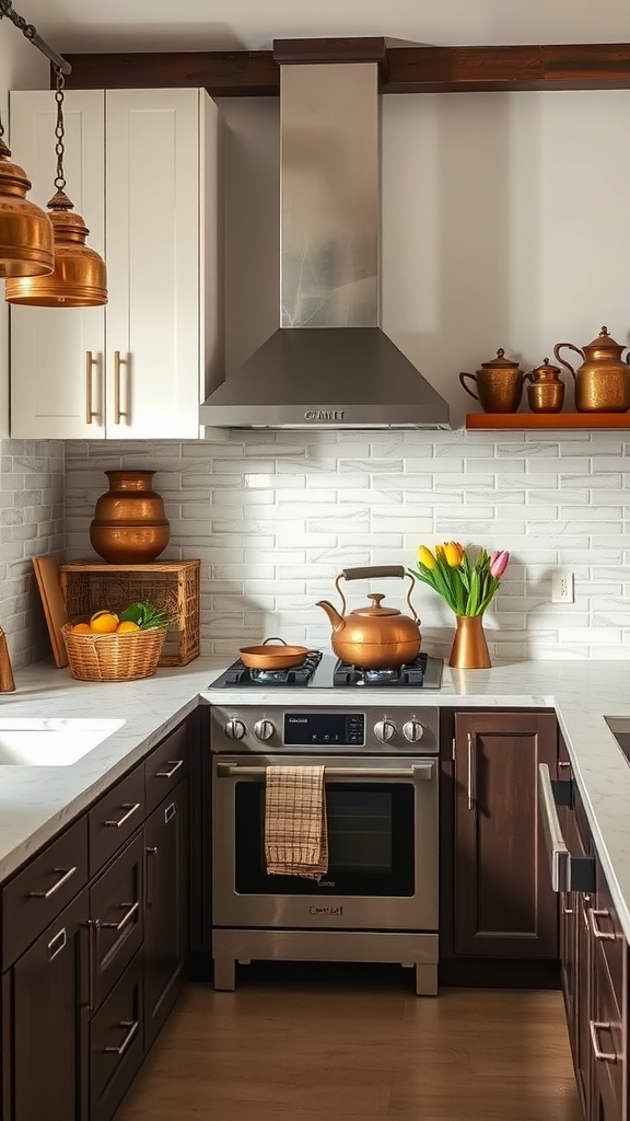 A modern kitchen featuring a mix of traditional copper accents and sleek cabinetry.