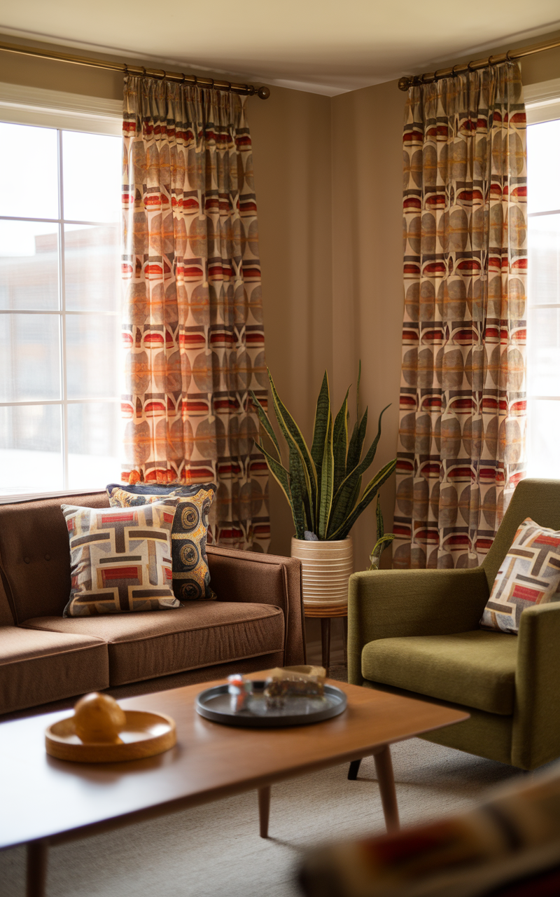 A cozy living room featuring geometric patterned curtains and pillows, with a green armchair and plants.