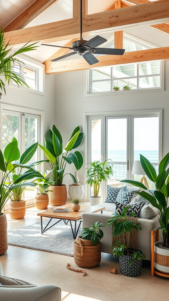 A bright and airy Cape Cod living room filled with lush indoor plants, showcasing natural light and cozy decor.