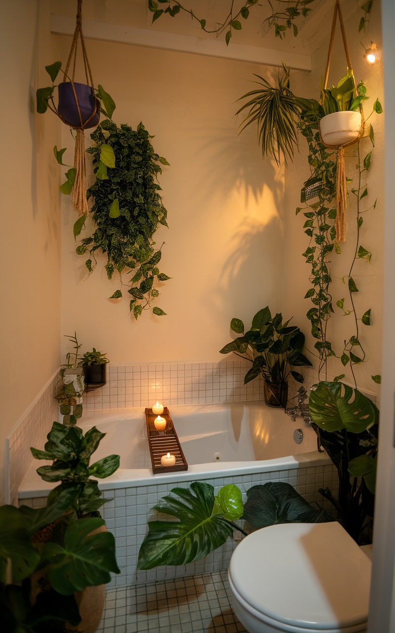 Cozy small bathroom with a tub surrounded by various plants and candles.