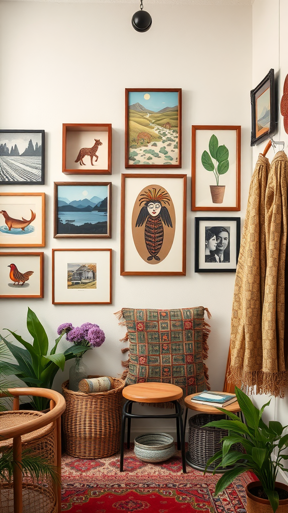 A cozy room featuring a gallery wall with various framed artworks, plants, and handcrafted furniture.