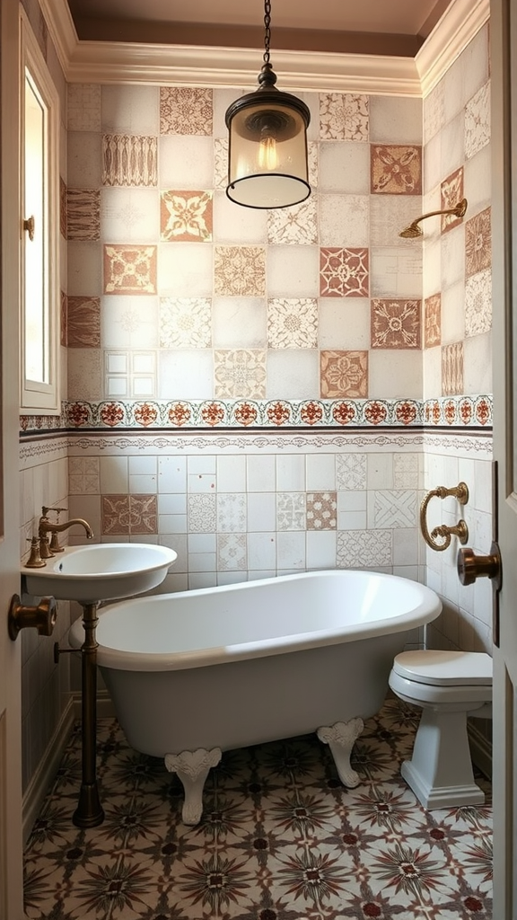 A bathroom featuring heritage-inspired tile patterns with a vintage bathtub and elegant fixtures.