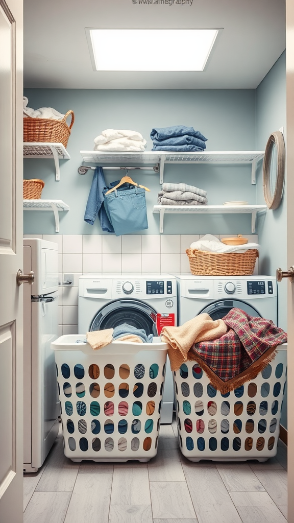 Small laundry room with two laundry baskets in front of a washer and dryer, featuring shelves with stacked towels and clothes.