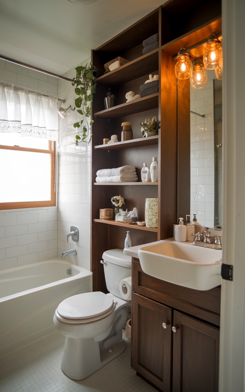 A small bathroom featuring built-in wooden shelves with neatly arranged towels and decorative items.