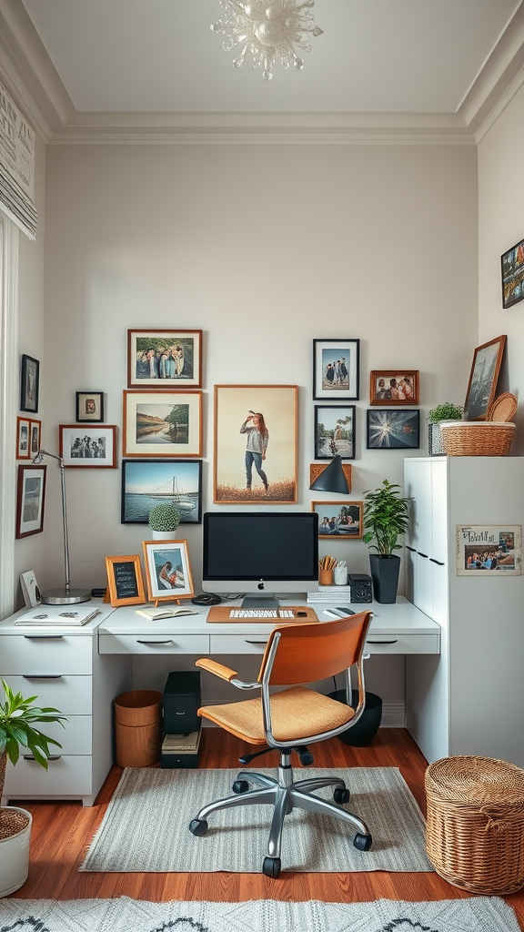 A small home office featuring a desk with a computer, surrounded by family photos and plants.