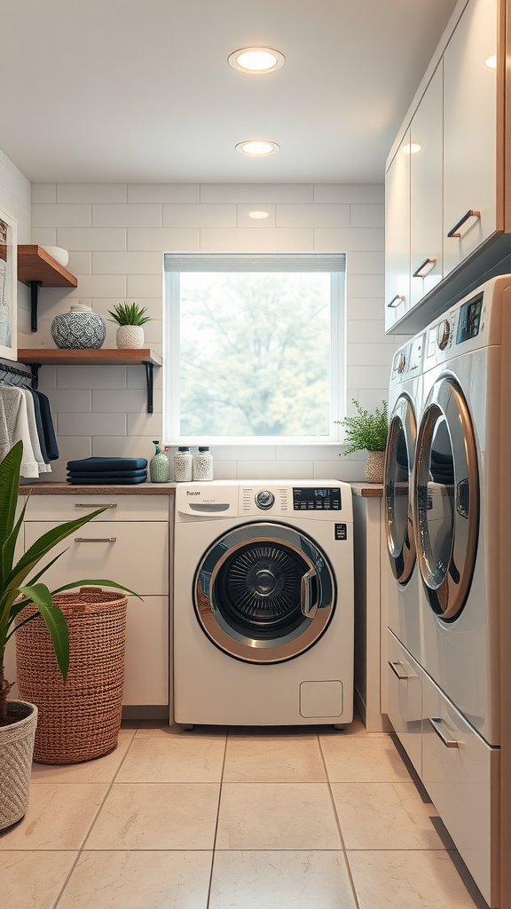 A sleek and modern laundry room with a washer and dryer, shelves, and plants.