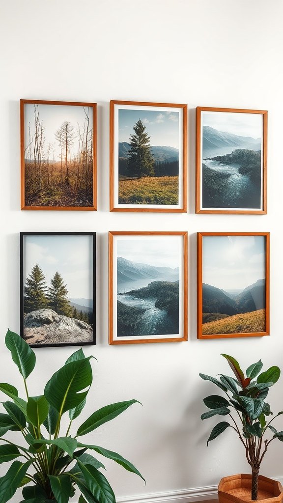 A wall with six framed nature photographs and indoor plants.