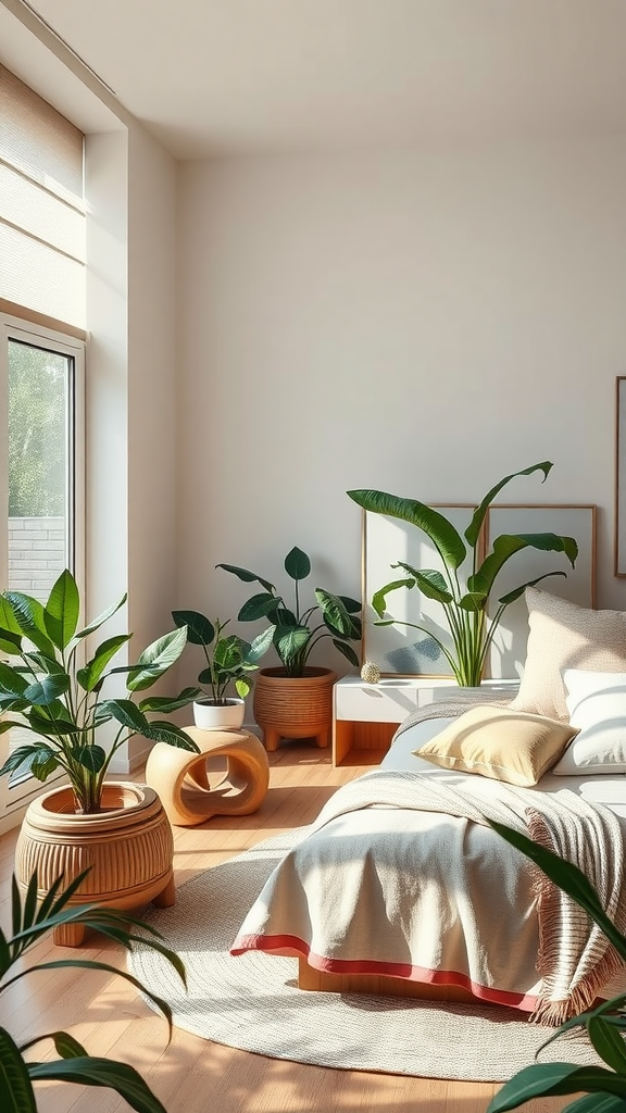 A cozy bedroom with organic shaped furniture and indoor plants.