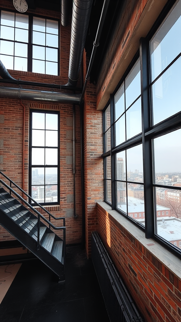 An industrial chic loft featuring large windows and exposed brick walls.