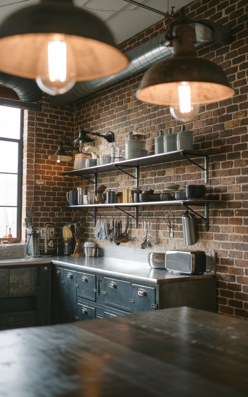 A stylish industrial kitchen featuring exposed brick walls and metal accents.