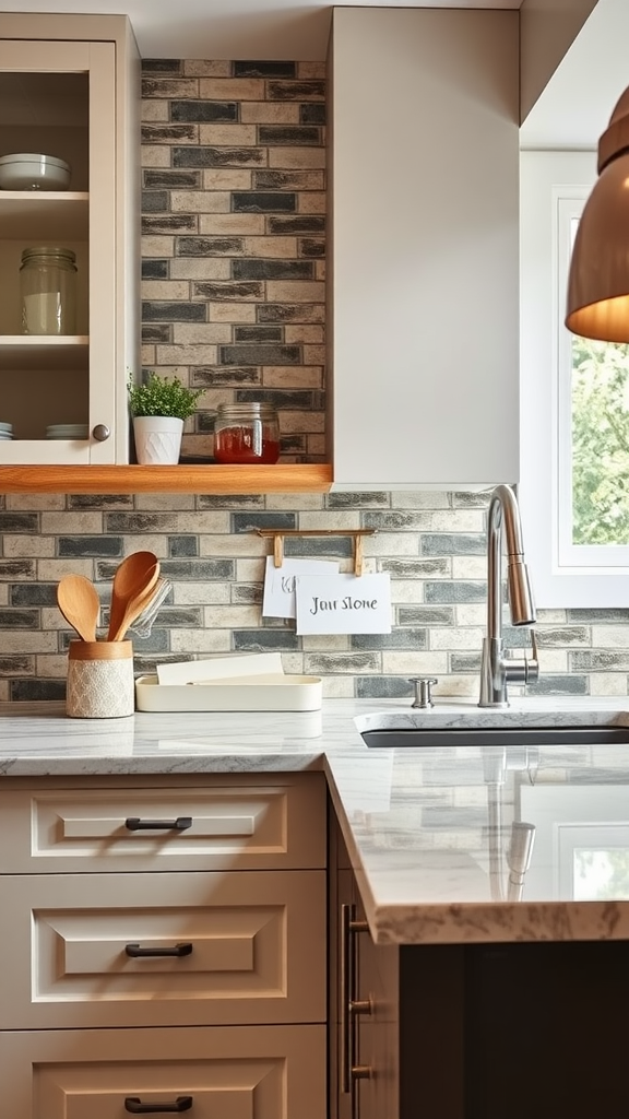 A stylish kitchen with a modern backsplash and organized counter space.