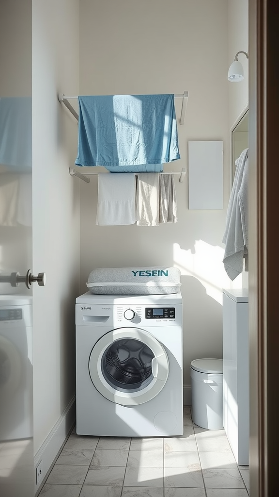 A small laundry room with a washing machine and wall-mounted drying rack.