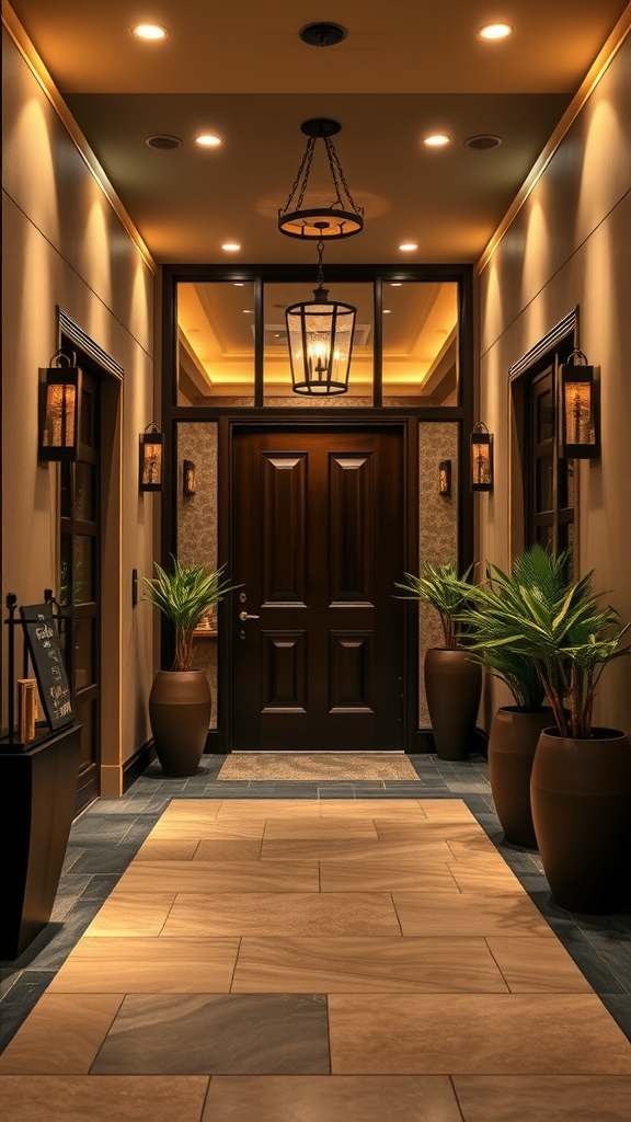 Elegant entryway with modern lighting and plants