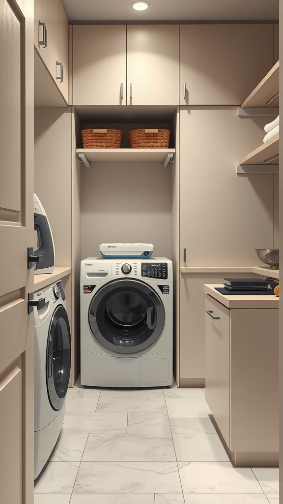 A modern small laundry room featuring stacked washer and dryer with cabinets and shelves.