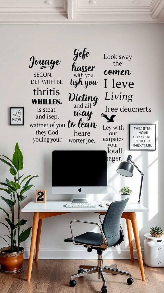 A cozy home office setup featuring an inspirational quote wall, a sleek desk, and a modern chair.